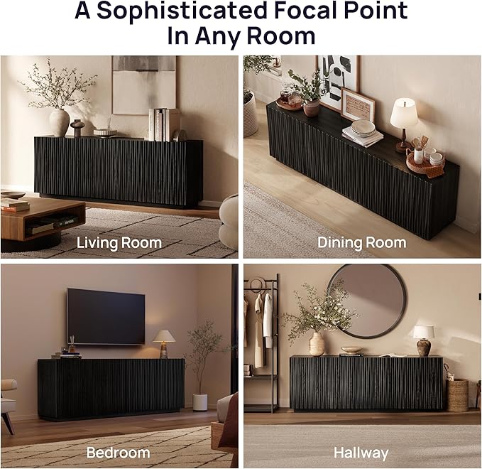 70" Fluted TV Stand for TVs Up to 50/55/65/75", Mid-Century Modern Entertainment Center for Living Room, Tall Sideboard & Storage Cabinet Wavy Media & TV Console, 8 Cable Holes&Soft-Close,Black Walnut