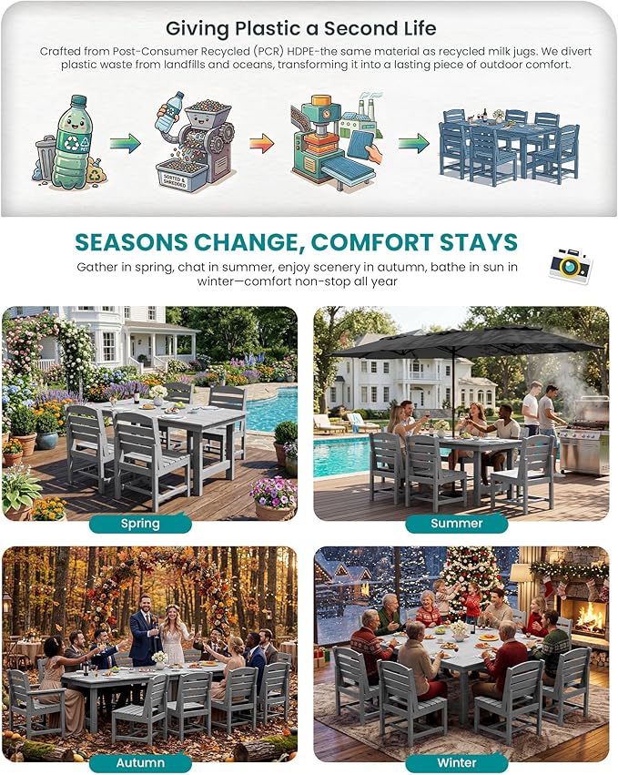 SERWALL Patio Dining Sets for 10 Person, HDPE Dining Set with 2 Tables, 8 Armless Chairs and 2 Armed Dining Chairs, Light Gray