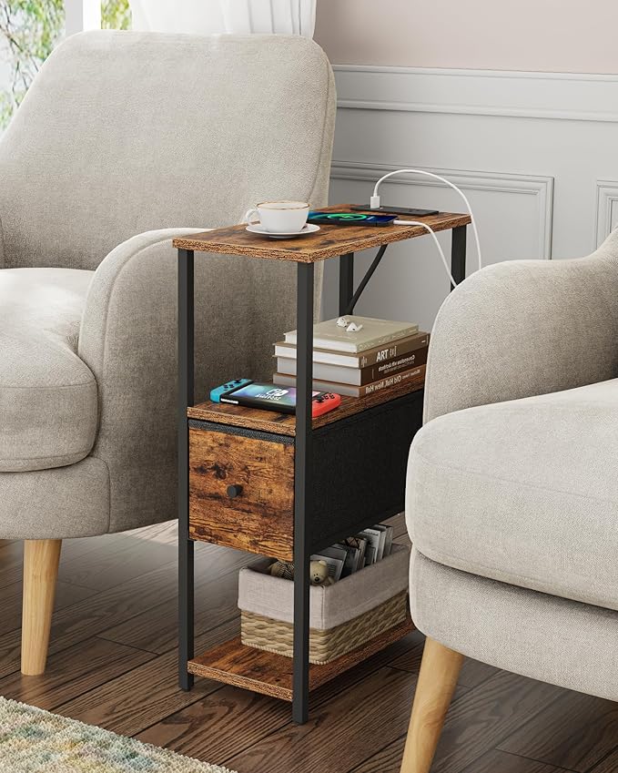 TUTOTAK Set of 2 Small Narrow End Table with Charging Station, Side Table with Outlets, Nightstand with Cloth Drawer, Couch Table, for Living Room, Bedroom, Bedside, Brown TB01BB058