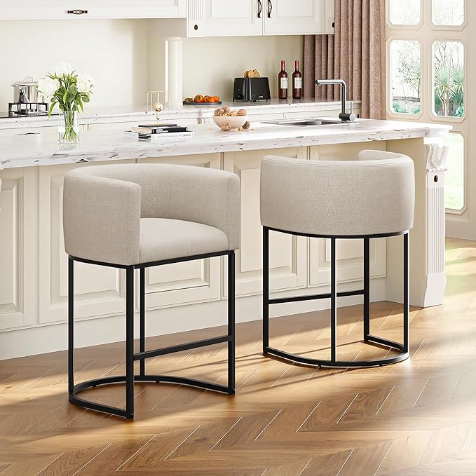 26" H Counter Height Bar Stools Set of 4, Modern Barrel Counter Stools with Backrest and Arms, Linen Fabric Upholstered Accent Barstools for Kitchen Island,Support 450 LBS (Beige)