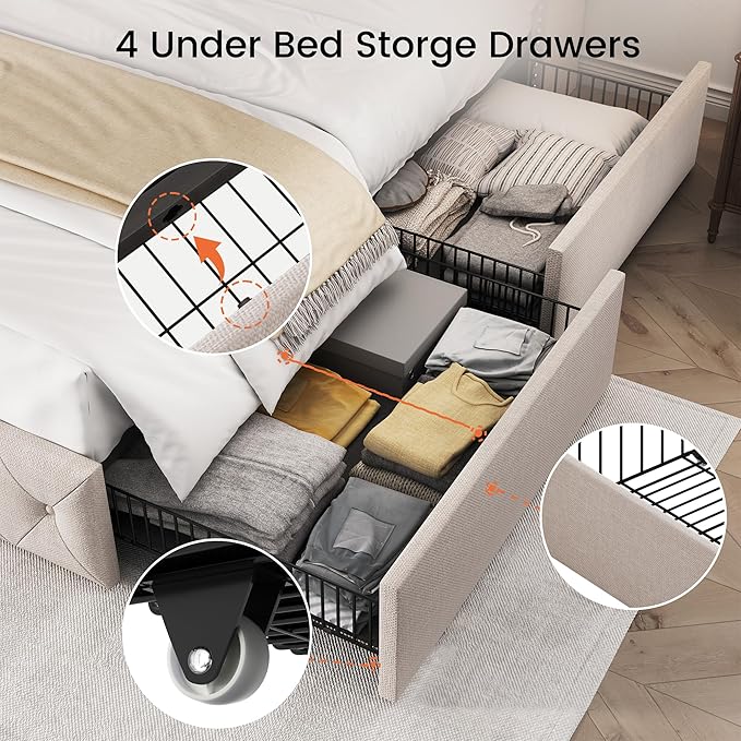LARMACE King Size Bed Frame with 4 Storage Drawers and 47.2" Tall Tufted Headboard Linen Upholstered Platform Bed Frame Wingback Beds with Wooden Slats Support, Easy Assembly, Beige