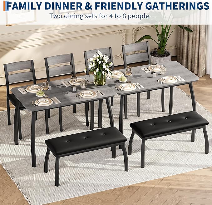 IDEALHOUSE 43'' Dining Table Set for 4, Wooden Kitchen Table with Upholstered Bench & 2 Cushion Chairs, Industrial Dinette Set for Studio, Kitchen, Dining Room, Apartment, Gray