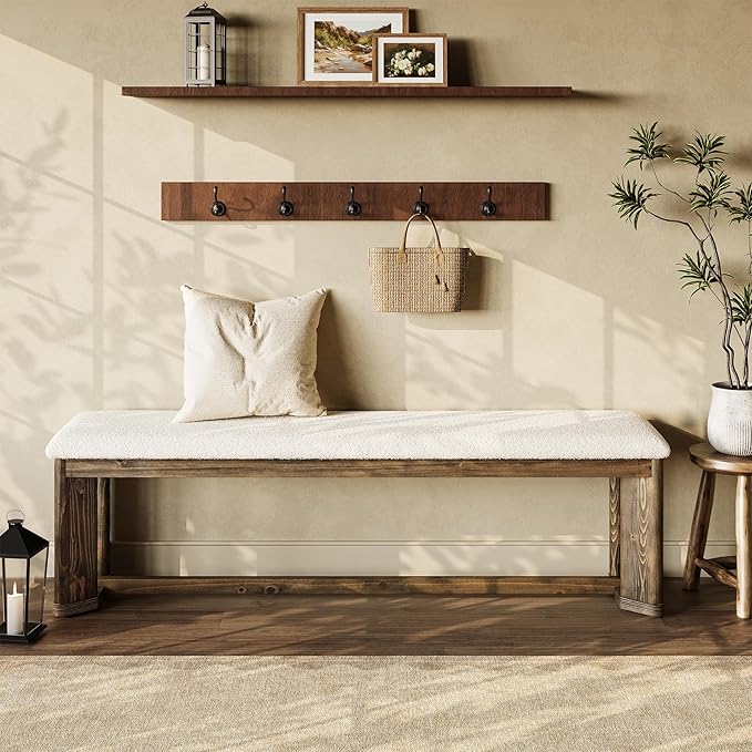 LITTLE TREE 63" Upholstered Bench, Solid Wood Entryway Shoe Bench with Cushion, Long Modern Farmhouse End of Bed Bench with Antique Brown Legs & Faux Lamb Fur Seat for Bedroom 2 PCS