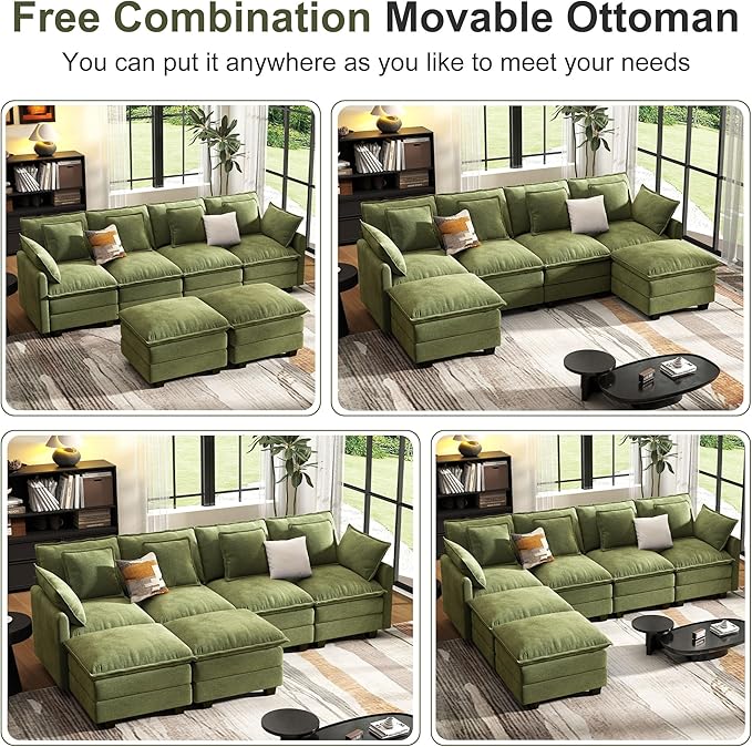 107" Cloud Couch Sectional, U Shaped Modular Sectional Sofa, 4-Seat Deep Seat Couch with 6 Removable Washable Pillows and 2 Ottoman for Living Room, Bedroom, Apartment, Green