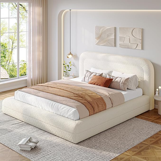 Homkdom Cloud Bed Frame with Headboard, Upholstered Soft Full Bed Frame with Round Edges, Boucle Platform Bed for Modern Bedrooms & Apartments & Guest Rooms, No Box Spring Needed,Beige