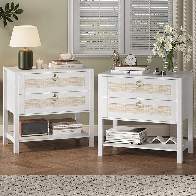 Xixini Nightstand Set of 2, Rattan Boho Bedside Table with 2 Drawers, Open Shelf & Brass Knobs, Small Mid Century Modern Night Stand, Wooden End Side Table for Bedroom, Living Room, Closet, White