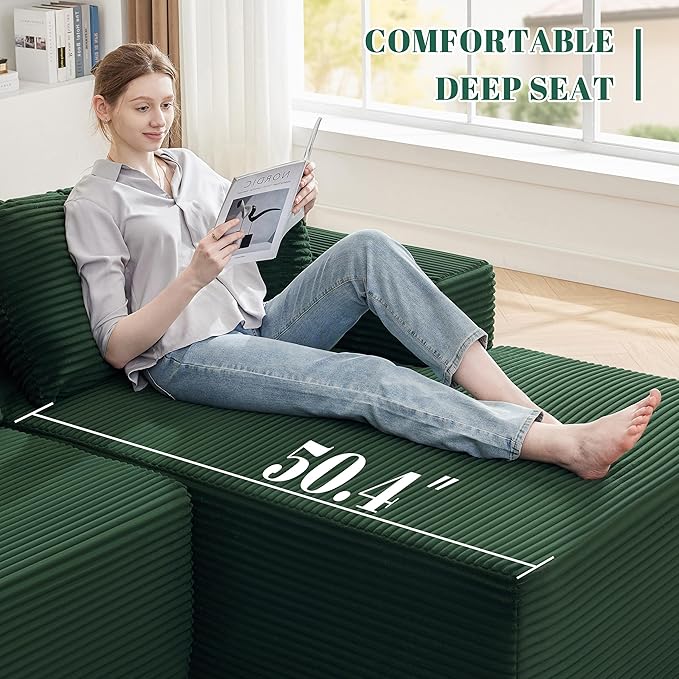 Mangodan 110” Cloud Sectional Couch, Boneless Sofa for Living Room, Modular Sectional Sofa with Deep Seat, Comfy Fluffy Couch with L-Shaped Chaise, No Assembly Required (Right-Facing Chaise, Green)