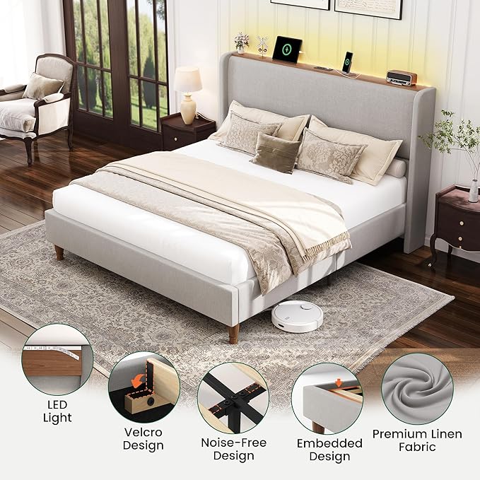 LARMACE Queen Size Bed Frame with LED Lights and Charging Station Linen Upholstered Platform Bed Frame with 51.2" Tall Wingback Headboard and Storage Shelf, No Box Spring Needed, Easy Assembly, Grey