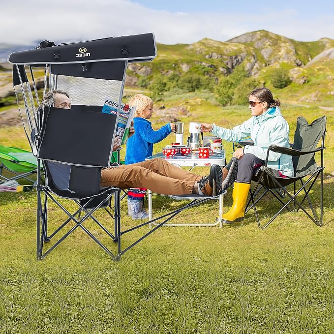 Nice C Chair with Canopy, Heated Camping Chair with Battery, Outdoor Sports Chairs with Shade, Heated Folding Umbrella Lawn Chairs, with Removable Footrest (2-Pack)