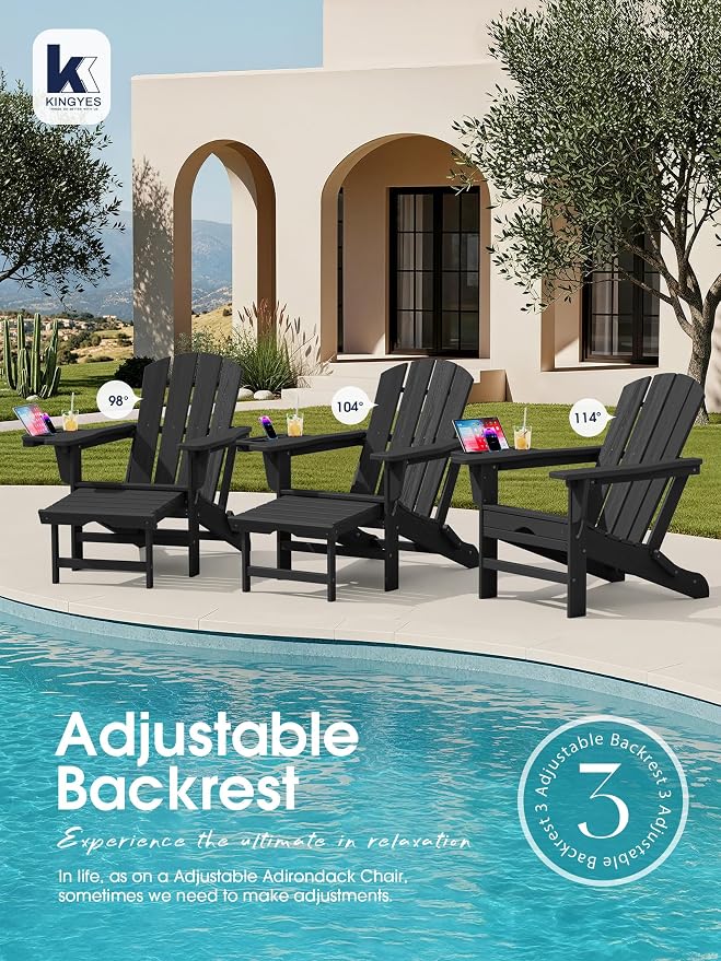 KINGYES Adjustable Folding Adirondack Chair with Footrest & 4-in-1 Multi-Functional Armrest Organizer Set of 2, HDPE Foldable Recliner Adirondack Chair with Pull-Out Ottoman, Black