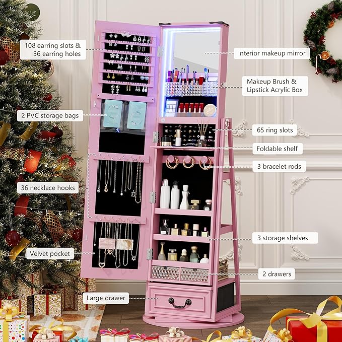 HWB Standing Full-Length Mirror Jewelry Armories, Jewelry Organizer with LED Lights 360° Swivel, Lockable Jewelry Cabinet, Jewelry Storage with Shelves & Stable Base Pink