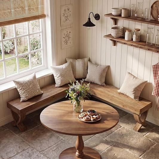 L Shaped Solid Wood Corner Bench, 55-Inch Farmhouse Table Bench with X-Shaped Leg, Backless Entryway Shoe Bench, for Dining Room, Hallway, Rustic Brown