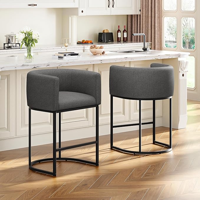 26" H Counter Height Bar Stools Set of 2, Modern Barrel Counter Stools with Backrest and Arms, Linen Fabric Upholstered Accent Barstools for Kitchen Island,Support 450 LBS (Carbon Black)