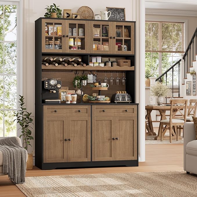 HOSTACK 75.4" Tall Kitchen Pantry Cabinet with Charging Station, Modern White Kitchen Hutch with Microwave Stand and Wine Rack, Large Food Pantry Storage Cabinet with Glass Doors and Drawers, Brown