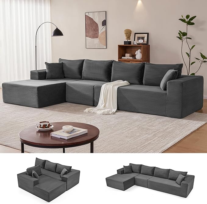 Mangodan 140” Cloud Sectional Couch, Modular Sectional Sofa with Deep Seat, Boneless Sofa for Living Room, Fluffy Comfy L-Shaped Couch with Left Facing Chaise, No Assembly Required, Grey