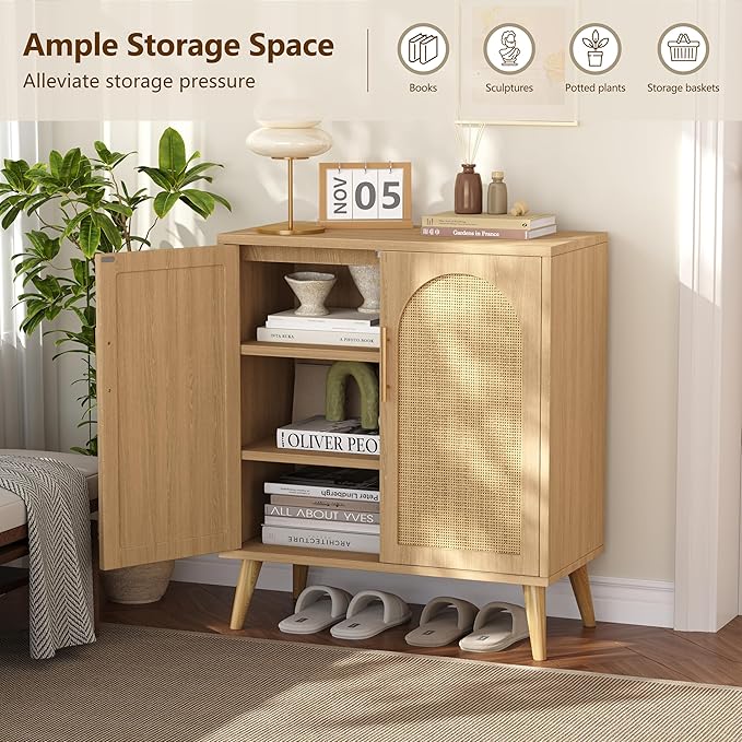 Set of 2 Rattan Buffet Cabinet with Storage, 59 Inch Sideboard with Adjustable Shelf and Solid Wood Legs, Floor Storage Cabinet with 4 Doors, Coffee Bar for Kitchen, Living Room, Hallway, Natural