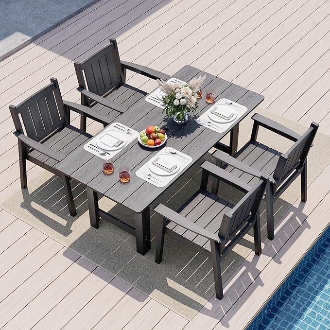 Pamapic 5-Piece Outdoor Dining Set, HDPE Outdoor Rectangular Table and 4 Chairs, Wood Grain Patio Furniture Sets with Armrest, All-Weather Patio Dining Table with Umbrella Hole, Gray