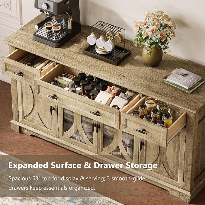 Einhomn 64" Farmhouse Sideboard Cabinet with 3 Drawers and 4 Doors, Buffet Cabinet with Adjustable Shelves and Curved Glass Doors, Large Storage Cabinet for Dining Room, Living Room, Kitchen,Natural