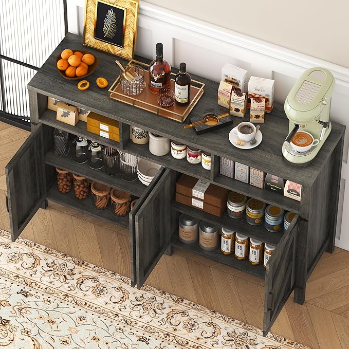knoworld Buffet Sideboard with Storage Farmhouse with 4 Doors, 55'' Large Kitchen Storage Cabinet Wood Coffee Bar Cabinet Buffet Table with Shelves for Kitchen, Dining Room, Entryway (Gray, 55in)