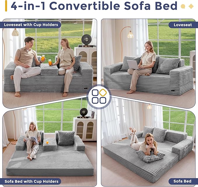 MAXYOYO Loveseat Sofa Bed, Striped Faux Fur Foldable Floor Sofa Couch in A Box, 4 in 1 Convertible Boneless Couch with 2 Cup Holders, Folding Recliner Sleeper Chair, No Assembly Required, Grey