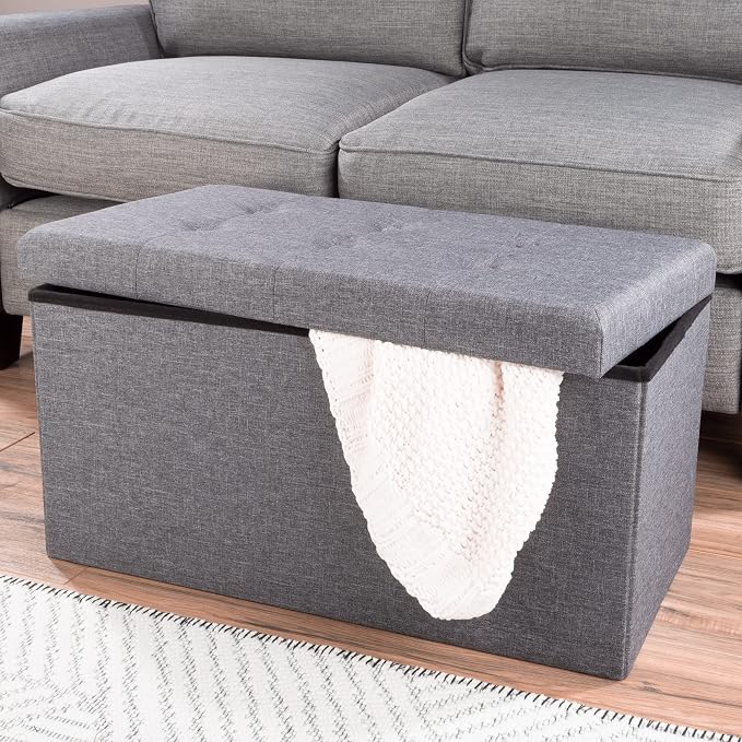 Lavish Home Folding Storage Ottoman - 30-Inch Folding Tufted Footrest, Linen Chest, or Bench with Removable Bin for Living Room, Bedroom, or Dorm (Dark Gray)