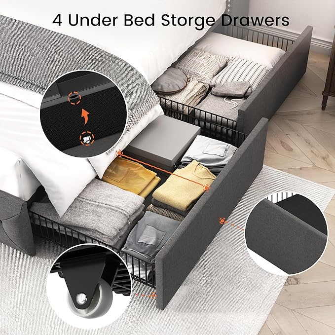 LARMACE Full Size Bed Frame with 4 Storage Drawers and 47.2" Tall Wingback Headboard Linen Upholstered Platform Bed Frame Tufted Beds with Wooden Slats Support, Easy Assembly, Light Grey