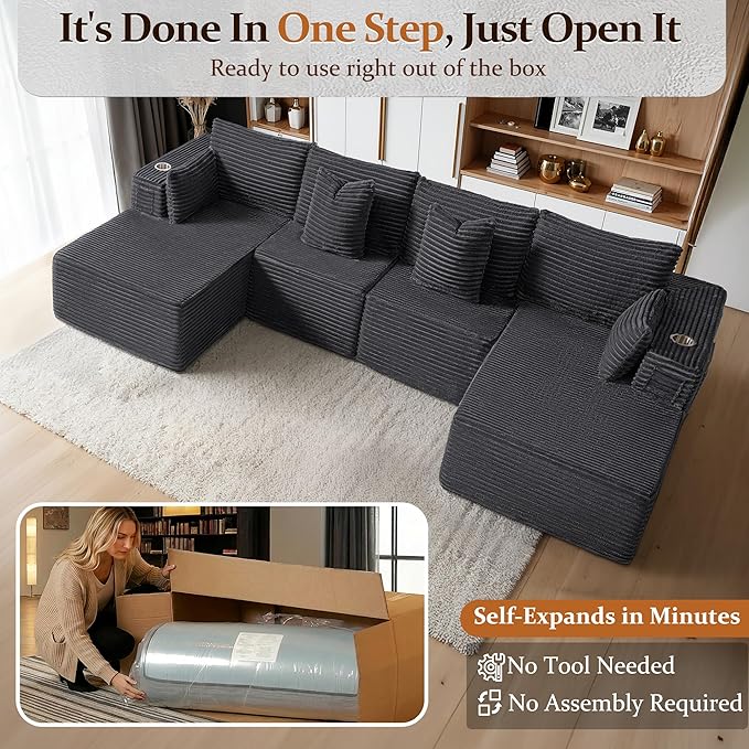 138" Cloud Sectional Couch, Comfort U Shaped Sofa for Living Room, Extra Deep Seats No Assembly, Minimalist Modular Couch, Corduroy (Dark Grey, 6 Seats,U-Shape C)