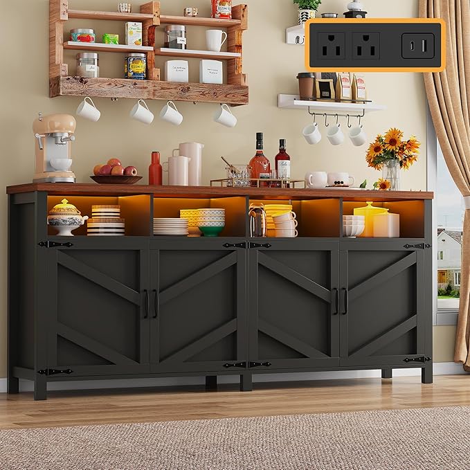 knoworld 63'' Buffet Sideboard with Storage with Power Outlets & LED Light 4 Doors, Large Farmhouse Kitchen Storage Cabinet Wood Coffee Bar Cabinet Buffet Table for Kitchen, Dining Room, Entryway