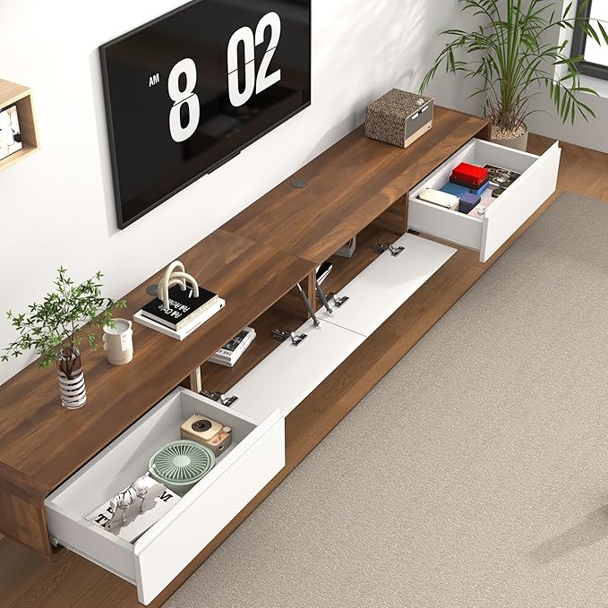 chartustriable 94.5" Minimalist Floating TV Stand for TVs up to 100 Inches, Modern Wall Mounted Media Console with 2 Drawers, Entertainment Center for Living Room, Walnut and White