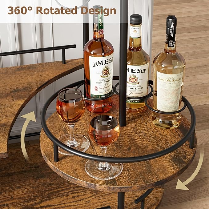 GarveeHome 3-Tier Bar Cart on Wheels, Mobile Serving Cart with Wine Rack and Glass Holder, Metal Kitchen Utility Cart for Coffee Station, Mini Home Bar, Dining Room - Black+Retro Brown