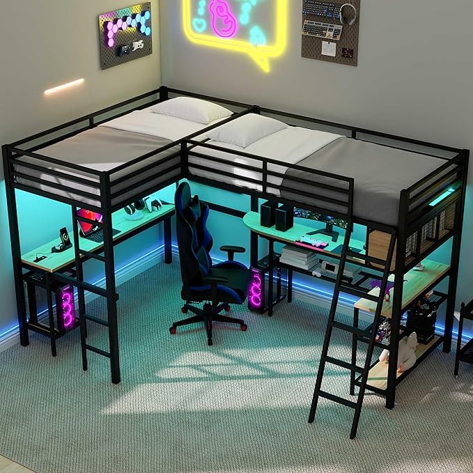 Twin Size Loft Bed with L-Shaped Desk and Storage Shelves, Heavy Duty Metal Loft Bed with LED Lights and and Charging Station for Kids Teens Adults, Saving Space, No Box Spring Needed, Black