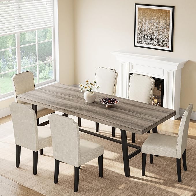 GarveeHome Industrial Dining Table for 8-10 People, 86.61" Long Kitchen Table with Sturdy Metal Frame, Rectangular Counter for Dinner, Kitchen, Dining Room (Grey Walnut, 87" Non-extendable)
