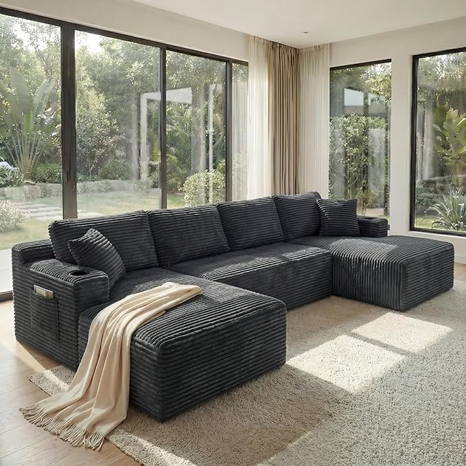 133" Oversized Cloud Boneless Sofa Couch with Chaise, Modern Corduroy U Shaped Modular Sectional Sofa with Deep Seat, Comfy Couch with Cupholders and Storage, No Assembly Required-Grey