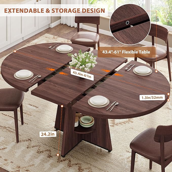 Extendable Dining Table, Round Kitchen Dining Room Dinner Table with for 4 6 8 People, Space Saving Modern Oval Expandale Furniture with Storage and Pedestal for Kitchen Living Room (Brown)