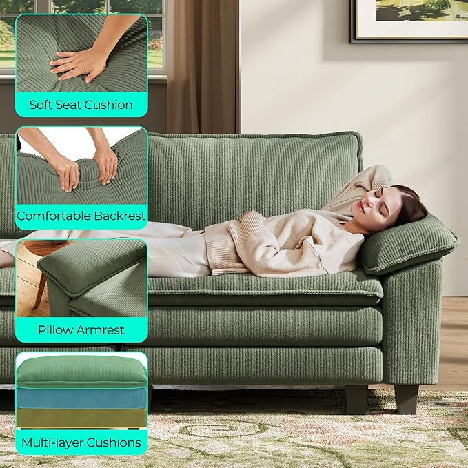 LINSY HOME 157" Modular U-Shaped Sectional Sofa, 4-Seat Corduroy Modern Cloud Couch with Deep Seat & 2 Movable Ottoman, Perfect for Living Room, Office, Bedroom, Green