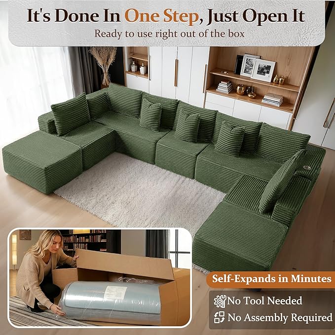 168" Cloud Sectional Couch, Comfort U Shaped Sofa for Living Room, Extra Deep Seats No Assembly, Minimalist Modular Couch, Corduroy (Olive Green, 9 Seats,U-Shape A)