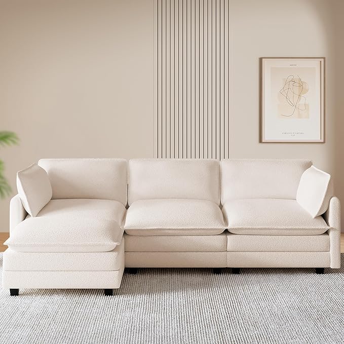 ROWHY 112'' Modular Sectional Cloud Couch with Movable Ottoman, 4 Seat Modern Chenille Sofa with 2 Throw Pillows, Deep Seat L Shaped Couch for Living Room Bedroom Apartment, Beige