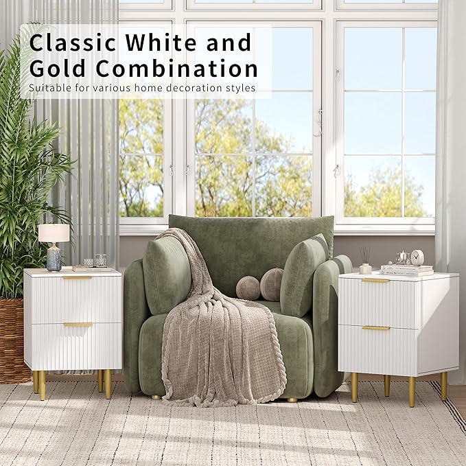 Akxomel White Nightstand Set of 2, Fluted Night Stand with Charging Station, 13.8" D x 15" W x 23.2" H, 2 Drawers Modern Bedside Table with USB Ports and Outlets, Golden Side Table for Bedroom