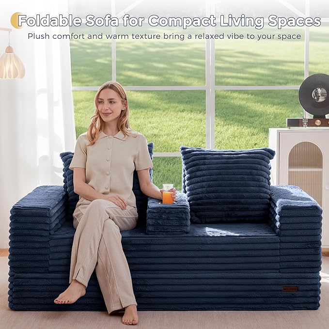 MAXYOYO Loveseat Sofa Bed, Striped Faux Fur Foldable Floor Sofa Couch in A Box, 4 in 1 Convertible Boneless Couch with 2 Cup Holders, Folding Recliner Sleeper Chair, No Assembly Required, Navy