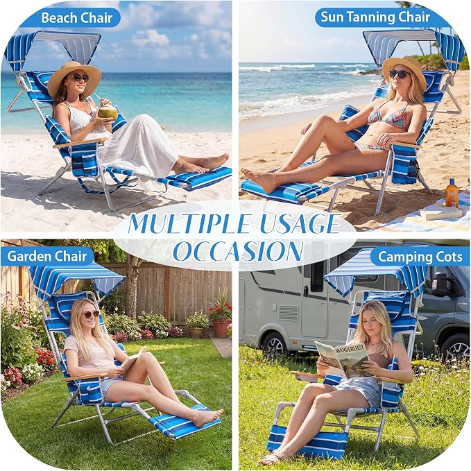 5-Positon Backpack Beach Chair, Portable Folding Tanning Chair, Double Shoulder Straps Beach Lounge Chair with Footrest, Face Hole, Towel Bar (Blue White, 60.6" with Canopy (Set of 2))