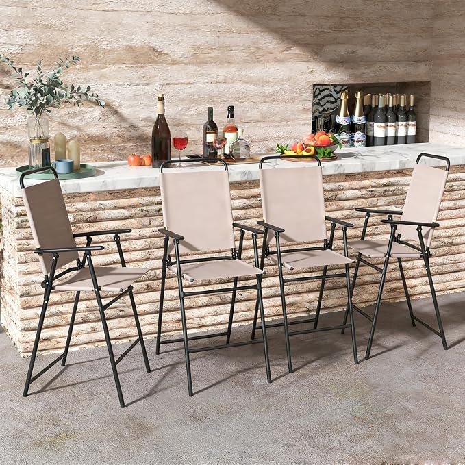 COSTWAY Outdoor Folding Bar Chairs Set of 4, 24 Inch Counter Height High Top Chairs with Metal Frame, Armrest & Footrest, Patio Barstools for Balcony, Poolside, Backyard, Beige