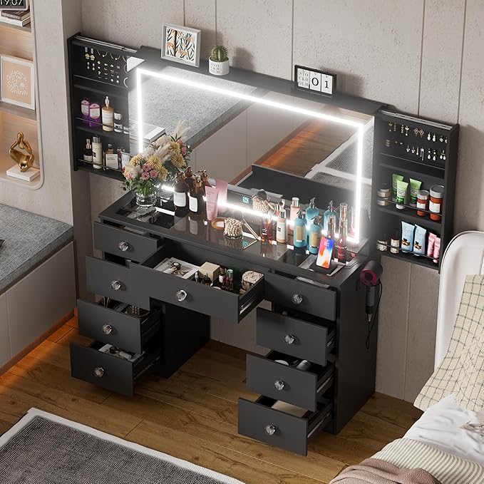 Makeup Vanity Desk with Large Mirror and Lights,Vanity Table with Glass Top,9 Drawers,3 Color Modes,Sliding 2 Wall Mounted Jewelry Storage Racks,Suitable for Bedroom Ladies and Girls (Black)