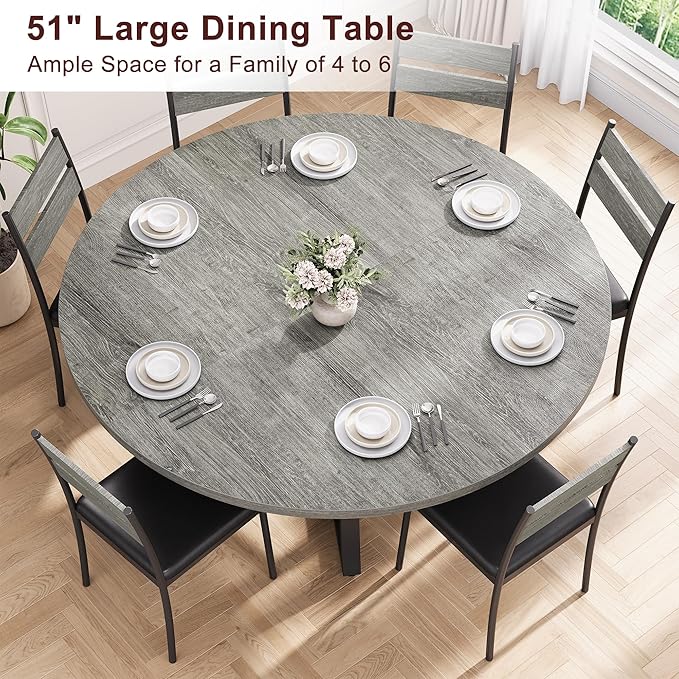 Jocoevol 51" Round Dining Table for 6,Kitchen Dining Room Circle Dinner Pedestal Table,Space Saving Wood Kitchen & Dining Room Furniture (Grey, 51In)