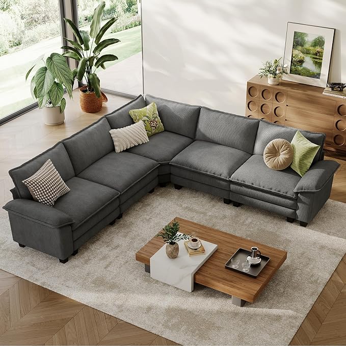 LINSY HOME Modular Sectional Sofa, 5-Seat Corduroy Modern Cloud Couch with Deep Seat, Perfect for Living Room, Office, Bedroom, Grey