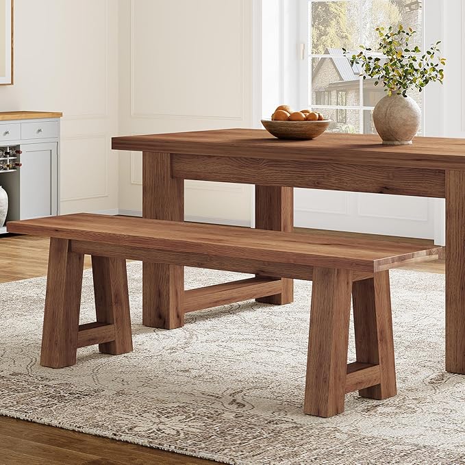 Solid Wood Dining Bench Pair of 2, 55.12-Inch Farmhouse Entryway Bench Indoor for Hallway, Kitchen, Dining Room, Living Room (Brown)