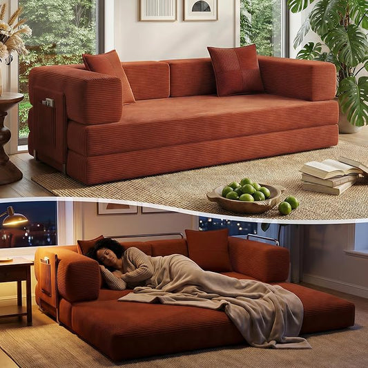 78.8" Convertible Sofa Bed with Armrest Pillow, 4-in-1 Sleeper Couch Bed for Livingroom, Modular Corduroy Boneless couches, No Assembly (Orange)