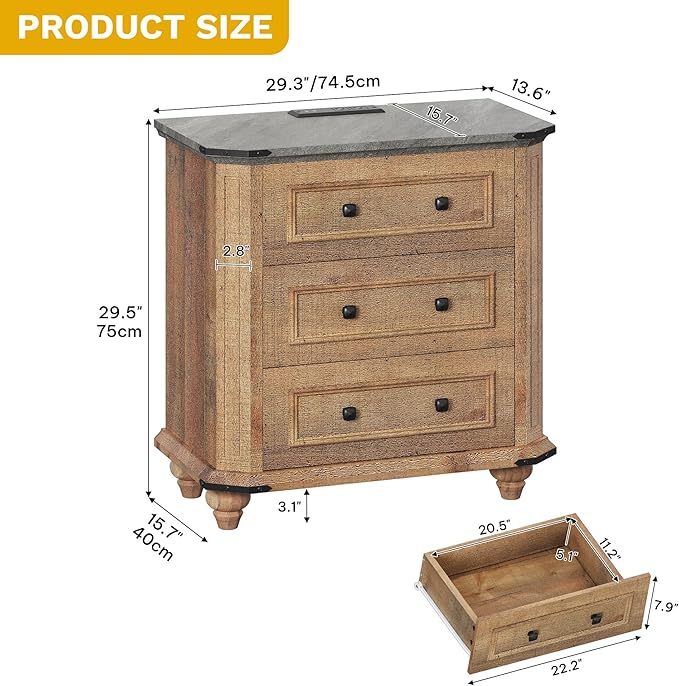 DWVO 29" Wide Nightstand with Charging Station, Farmhouse Bedside Table with 3 Drawers, Wood Night Stand w/Storage, Rustic Bed Side End Table for Bedroom Dorm Small Space, Brown