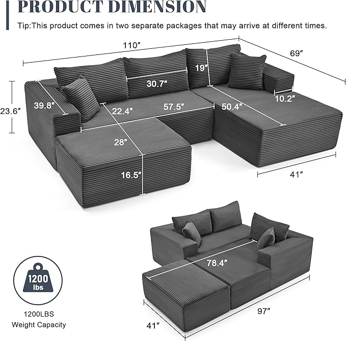 Mangodan 110” Cloud Sectional Couch, Boneless Sofa for Living Room, Modular Sectional Sofa with Deep Seat, Comfy Fluffy U-Shaped Couch with Right-Facing Chaise, No Assembly Required, Grey