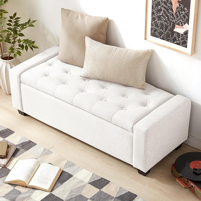 Huatean Home 48" Ottoman with Storage, White Storage Ottoman Bench with Safety Hinge, Upholstered Entryway Bench with Seating for Bedroom, Living Room, Holds up to 330 lb