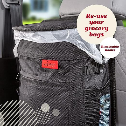 Lusso Gear Spill-Proof Car Trash Can - Leak-Proof Lid & Removable Liner for Car Bin - Travel Organizer with Mesh Pockets - 2.5 Gal, Black w Red Stitching